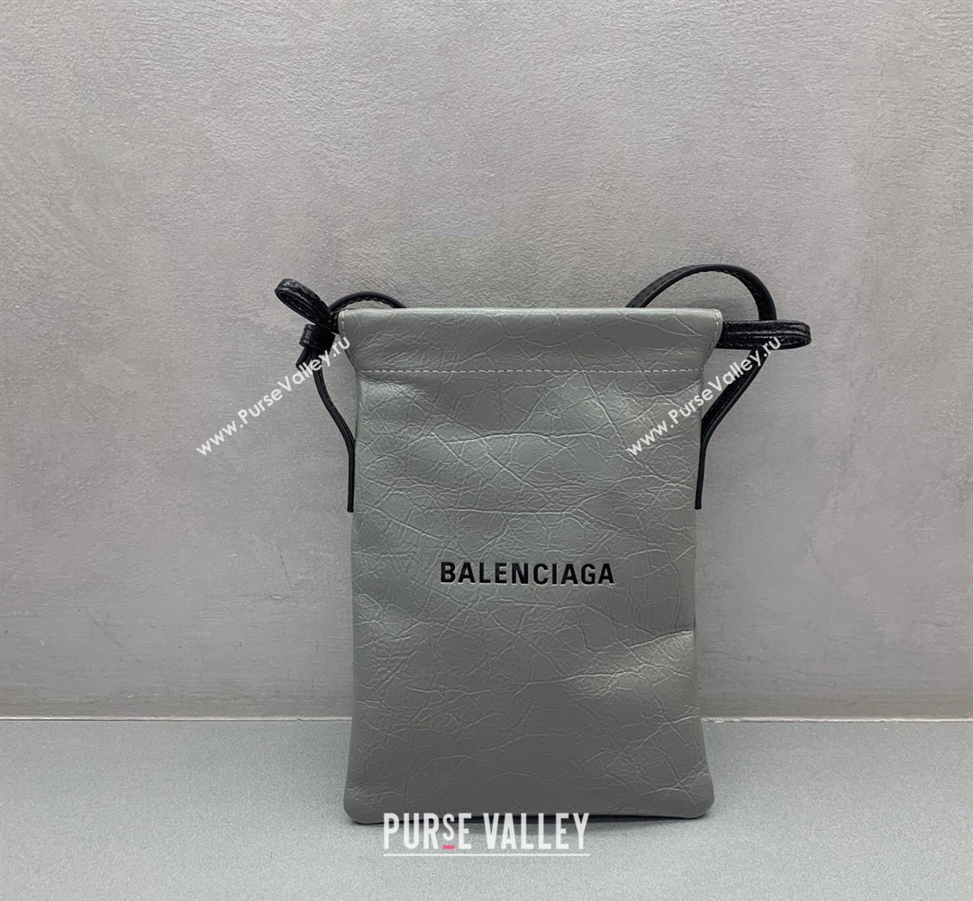 Balenciaga Mens Shopper Phone Holder Pouch in Grey Arena lambskin, aged-silver hardware 2026 (JM-260403001)