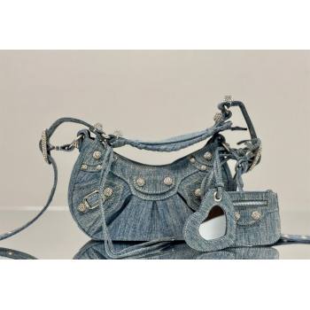 Balenciaga Le Cagole Shoulder Bag XS in blue washed and frayed denim, crystals hardware 2026 BL701 (JM-260403007)