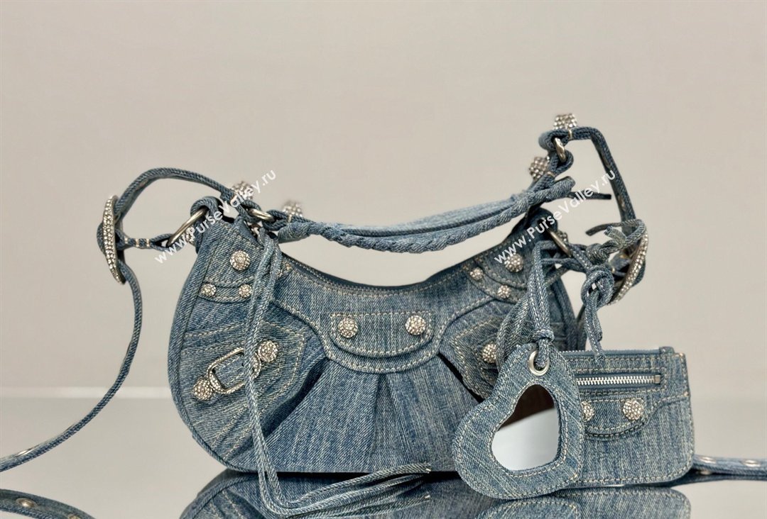 Balenciaga Le Cagole Shoulder Bag XS in blue washed and frayed denim, crystals hardware 2026 BL701 (JM-260403007)
