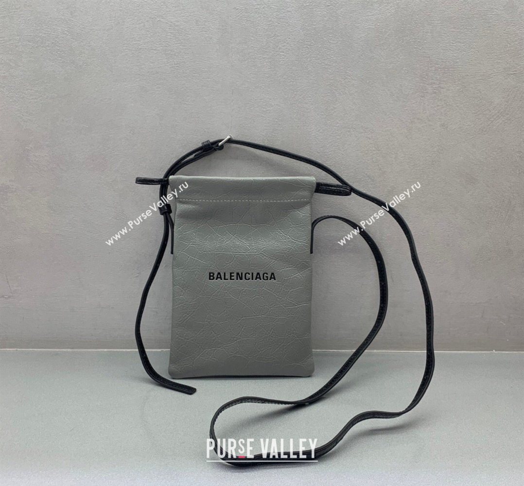 Balenciaga Mens Shopper Phone Holder Pouch in Grey Arena lambskin, aged-silver hardware 2026 (JM-260403001)