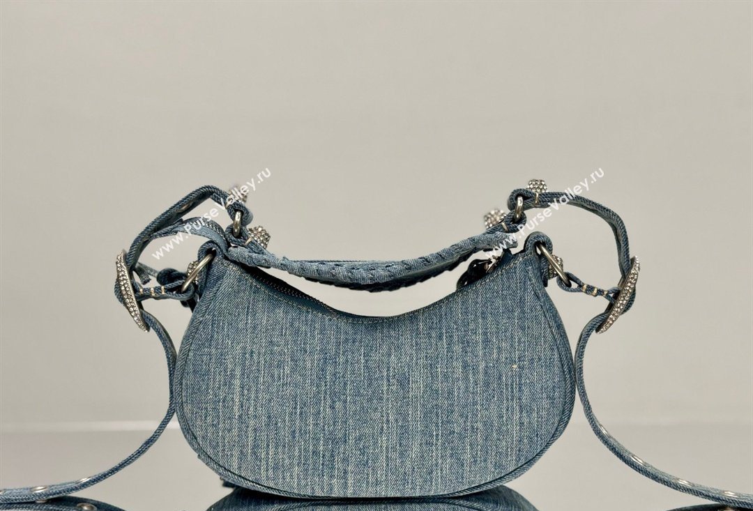 Balenciaga Le Cagole Shoulder Bag XS in blue washed and frayed denim, crystals hardware 2026 BL701 (JM-260403007)