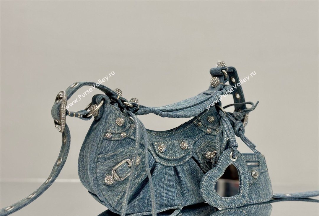 Balenciaga Le Cagole Shoulder Bag XS in blue washed and frayed denim, crystals hardware 2026 BL701 (JM-260403007)