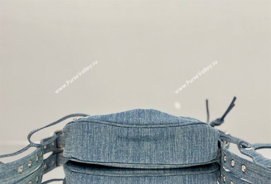 Balenciaga Le Cagole Shoulder Bag XS in blue washed and frayed denim, crystals hardware 2026 BL701 (JM-260403007)