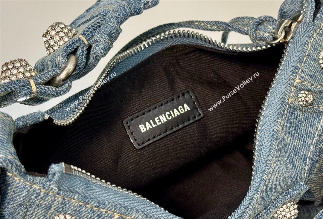 Balenciaga Le Cagole Shoulder Bag XS in blue washed and frayed denim, crystals hardware 2026 BL701 (JM-260403007)