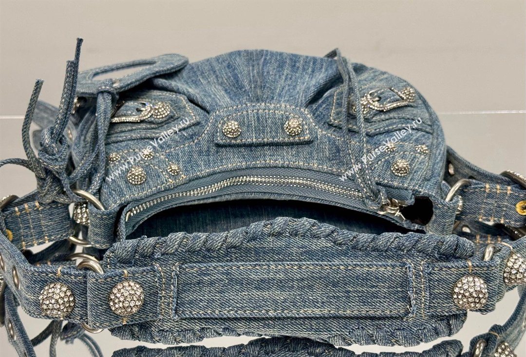 Balenciaga Le Cagole Shoulder Bag XS in blue washed and frayed denim, crystals hardware 2026 BL701 (JM-260403007)