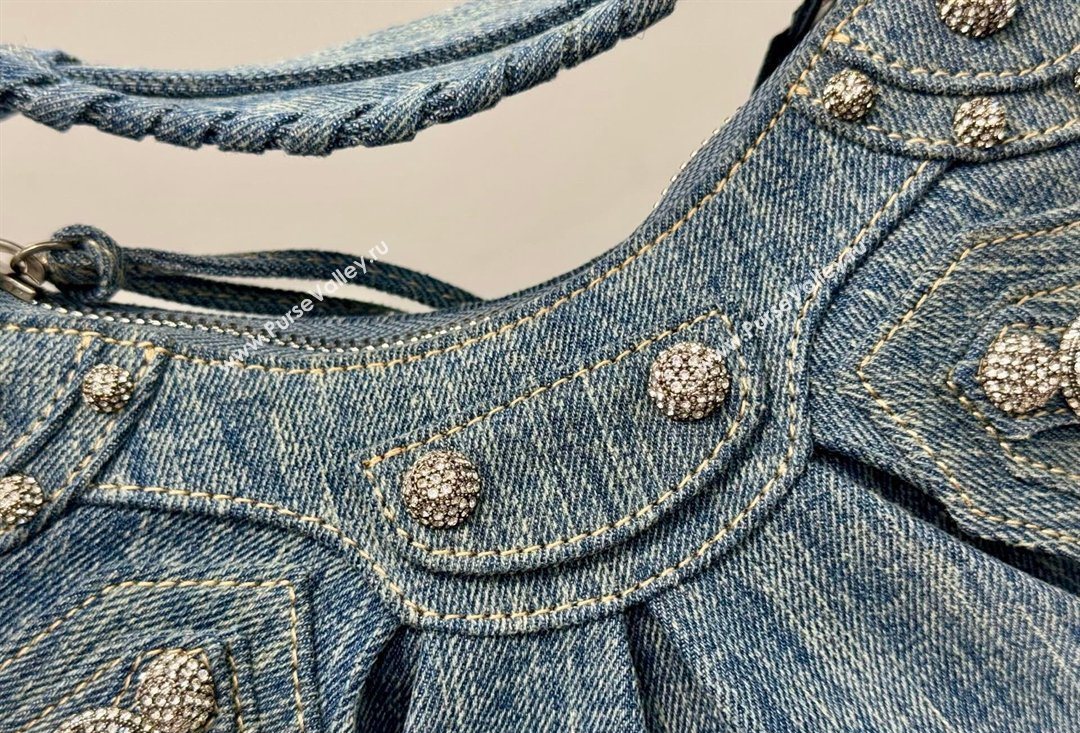 Balenciaga Le Cagole Shoulder Bag XS in blue washed and frayed denim, crystals hardware 2026 BL701 (JM-260403007)