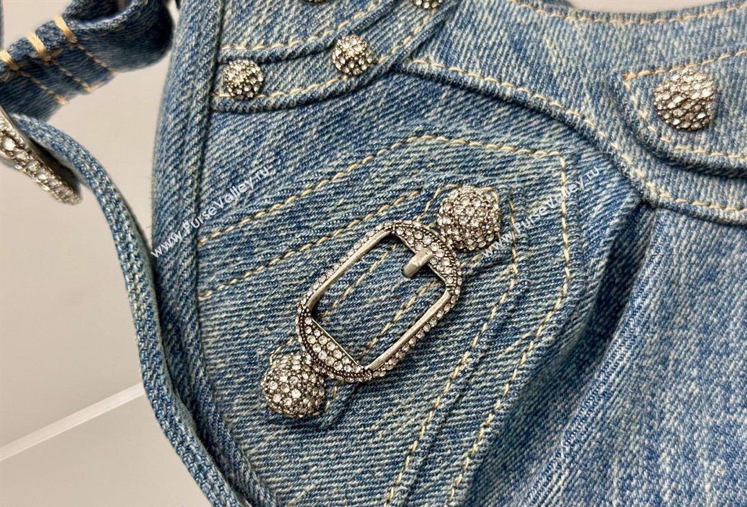 Balenciaga Le Cagole Shoulder Bag XS in blue washed and frayed denim, crystals hardware 2026 BL701 (JM-260403007)