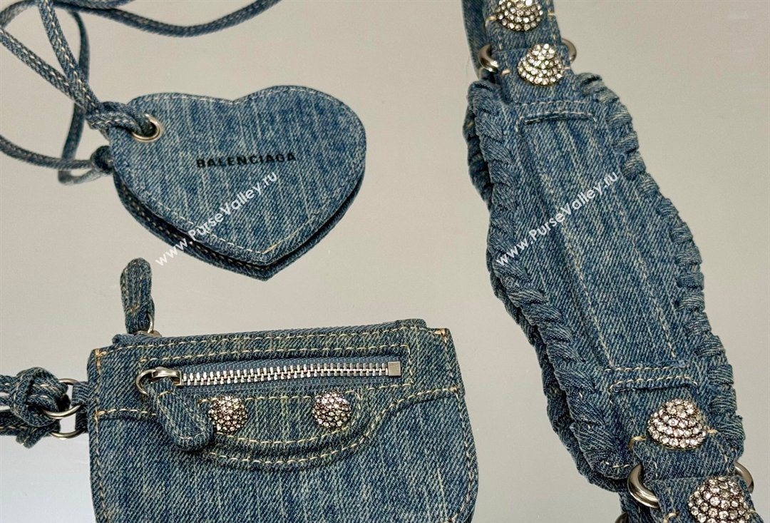 Balenciaga Le Cagole Shoulder Bag XS in blue washed and frayed denim, crystals hardware 2026 BL701 (JM-260403007)