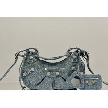 Balenciaga Le Cagole Shoulder Bag Small in blue washed and frayed denim, crystals hardware 2026 BL701 (JM-260403008)