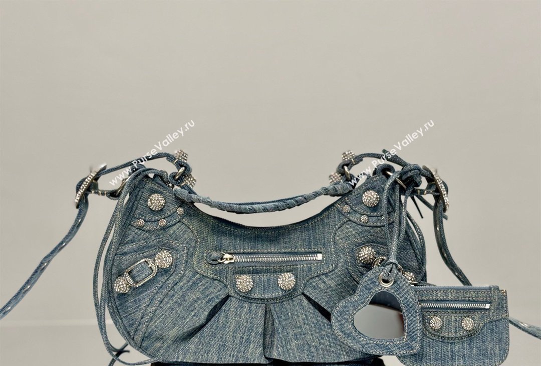 Balenciaga Le Cagole Shoulder Bag Small in blue washed and frayed denim, crystals hardware 2026 BL701 (JM-260403008)