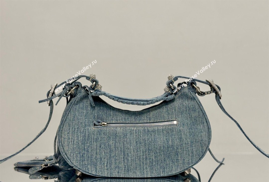 Balenciaga Le Cagole Shoulder Bag Small in blue washed and frayed denim, crystals hardware 2026 BL701 (JM-260403008)