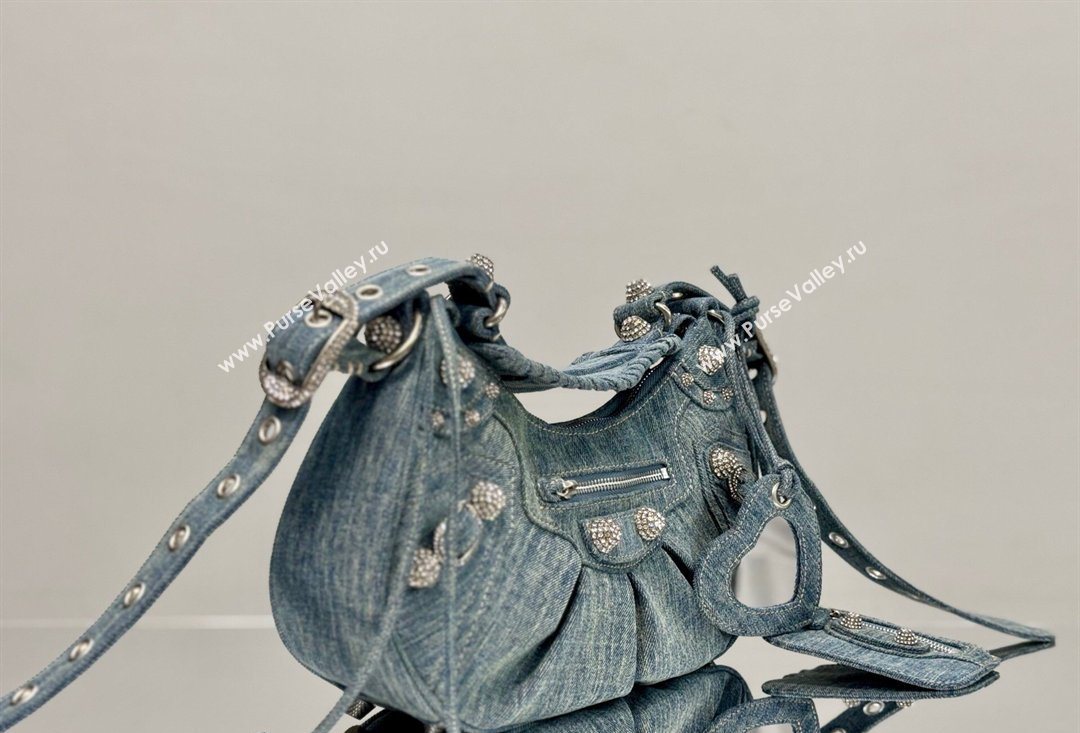 Balenciaga Le Cagole Shoulder Bag Small in blue washed and frayed denim, crystals hardware 2026 BL701 (JM-260403008)