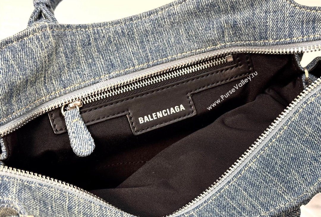 Balenciaga Le Cagole Shoulder Bag Small in blue washed and frayed denim, crystals hardware 2026 BL701 (JM-260403008)