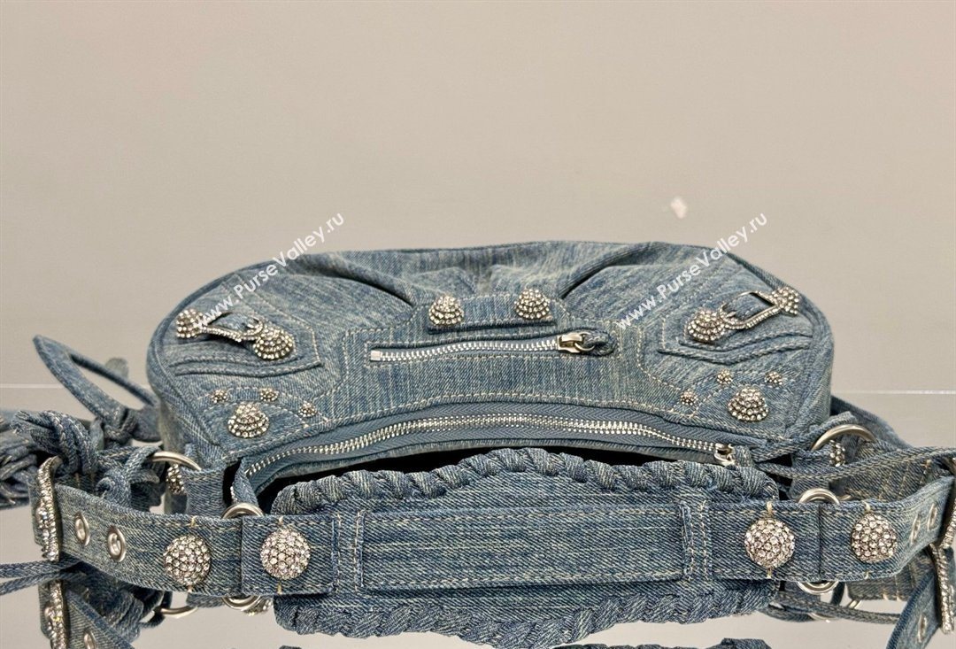Balenciaga Le Cagole Shoulder Bag Small in blue washed and frayed denim, crystals hardware 2026 BL701 (JM-260403008)