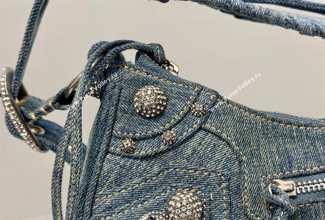Balenciaga Le Cagole Shoulder Bag Small in blue washed and frayed denim, crystals hardware 2026 BL701 (JM-260403008)