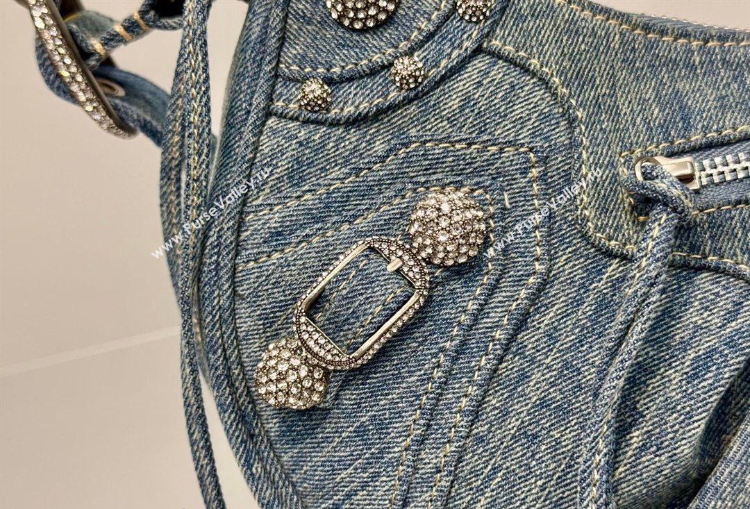 Balenciaga Le Cagole Shoulder Bag Small in blue washed and frayed denim, crystals hardware 2026 BL701 (JM-260403008)
