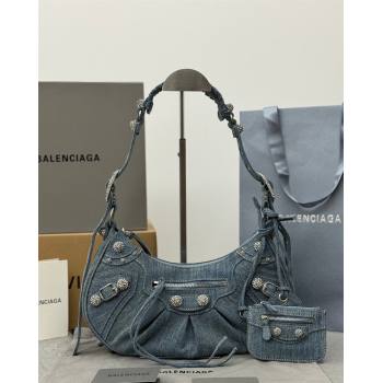 Balenciaga Le Cagole Shoulder Bag Small in blue washed and frayed denim, crystals hardware 2026 BL702 (JM-260403010)