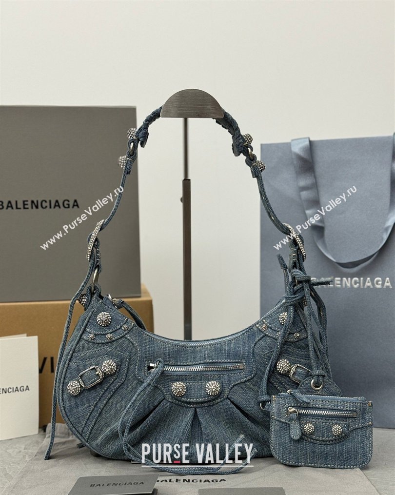 Balenciaga Le Cagole Shoulder Bag Small in blue washed and frayed denim, crystals hardware 2026 BL702 (JM-260403010)