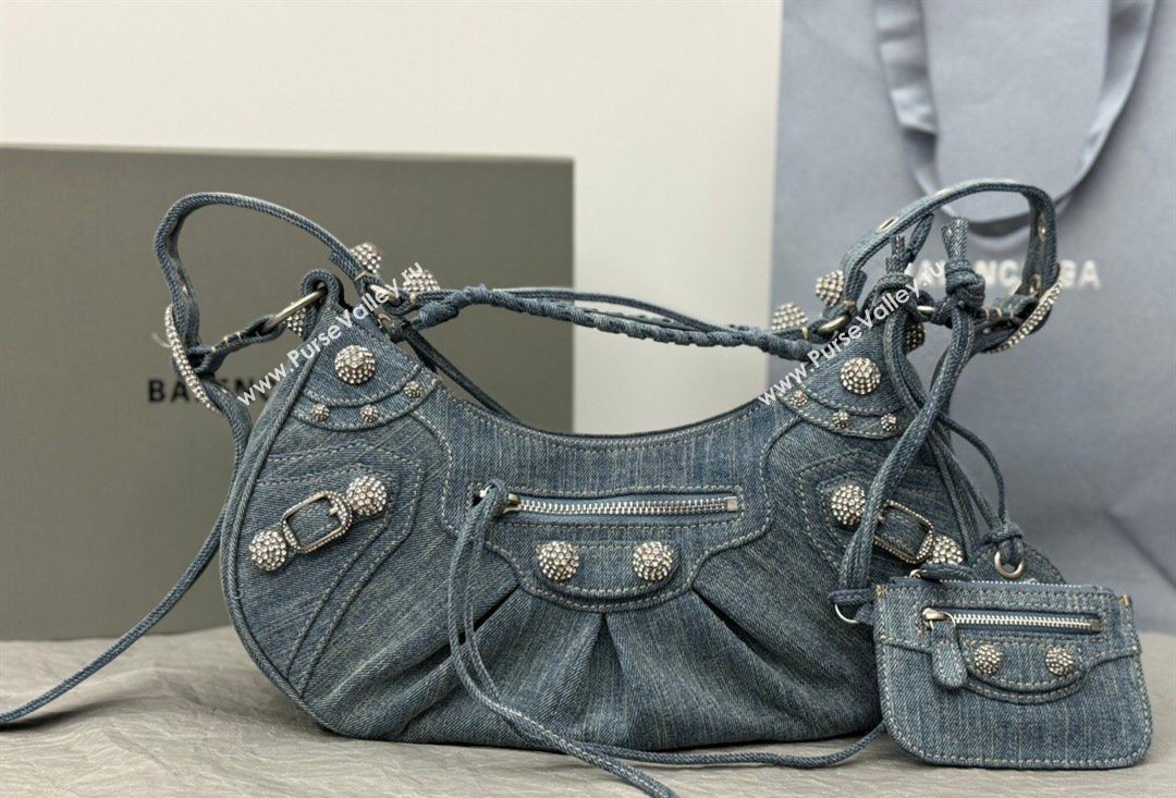 Balenciaga Le Cagole Shoulder Bag Small in blue washed and frayed denim, crystals hardware 2026 BL702 (JM-260403010)