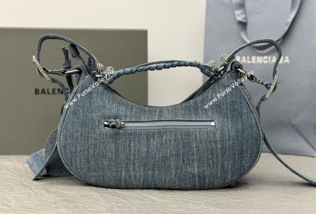 Balenciaga Le Cagole Shoulder Bag Small in blue washed and frayed denim, crystals hardware 2026 BL702 (JM-260403010)