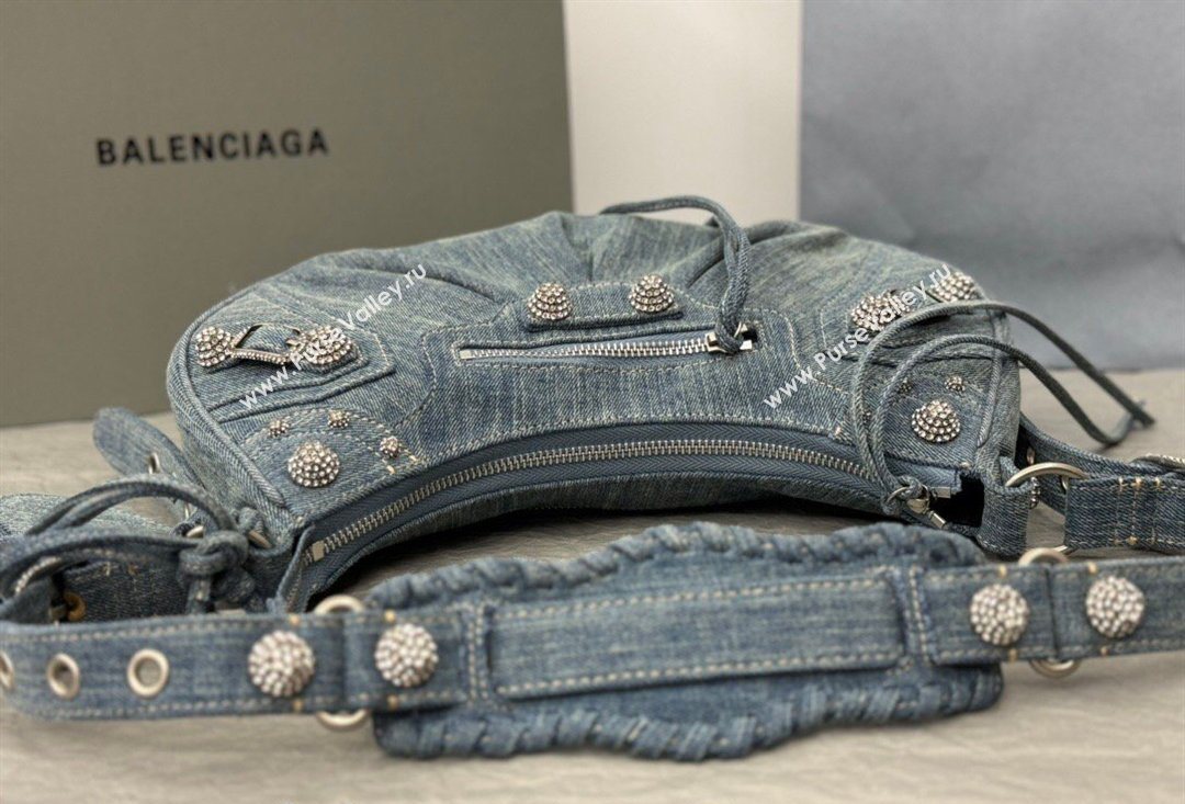 Balenciaga Le Cagole Shoulder Bag Small in blue washed and frayed denim, crystals hardware 2026 BL702 (JM-260403010)