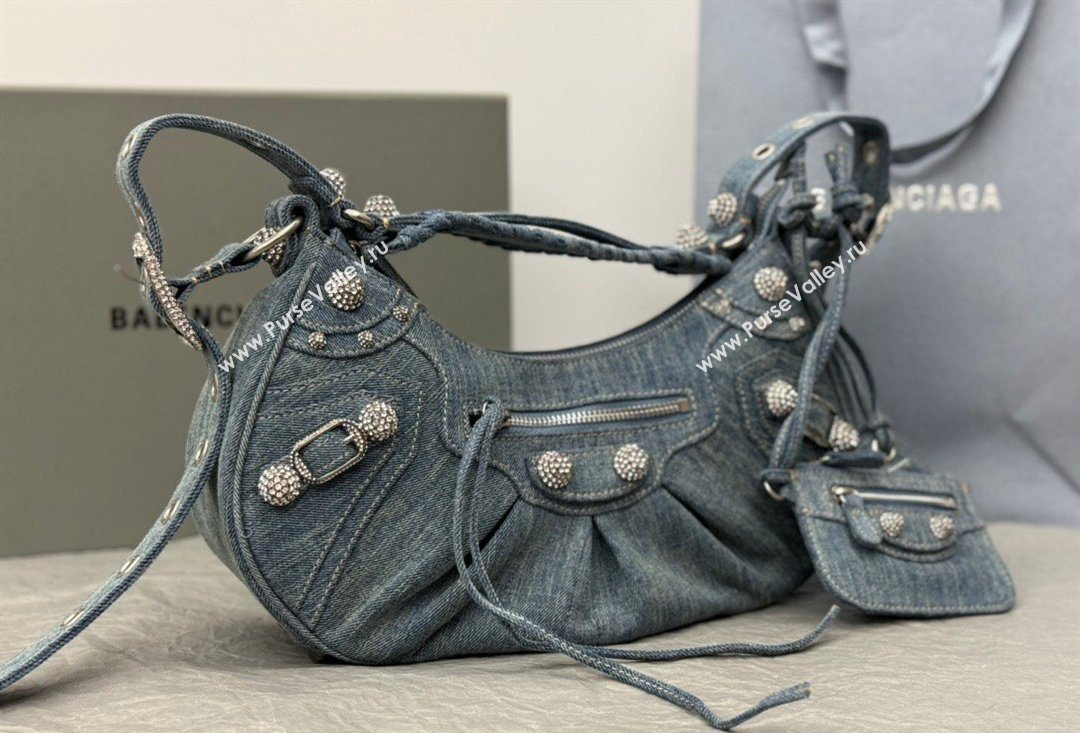 Balenciaga Le Cagole Shoulder Bag Small in blue washed and frayed denim, crystals hardware 2026 BL702 (JM-260403010)
