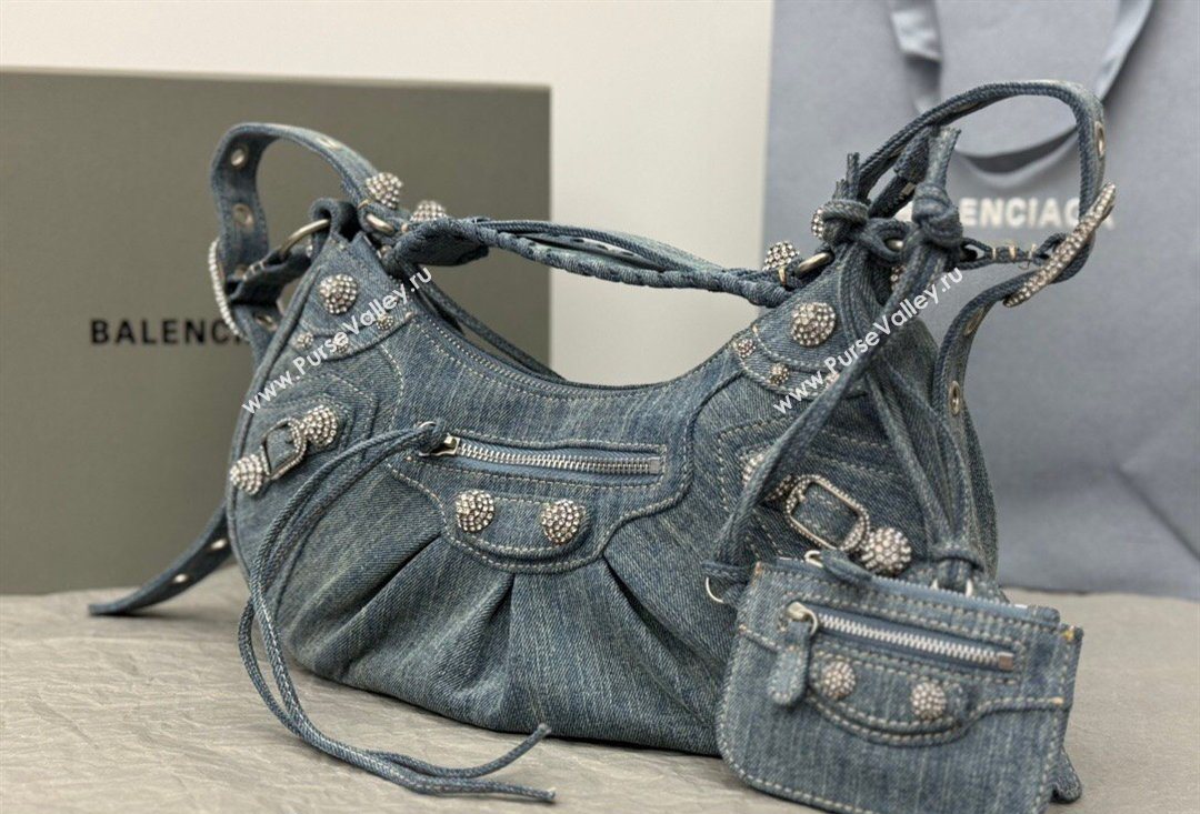 Balenciaga Le Cagole Shoulder Bag Small in blue washed and frayed denim, crystals hardware 2026 BL702 (JM-260403010)