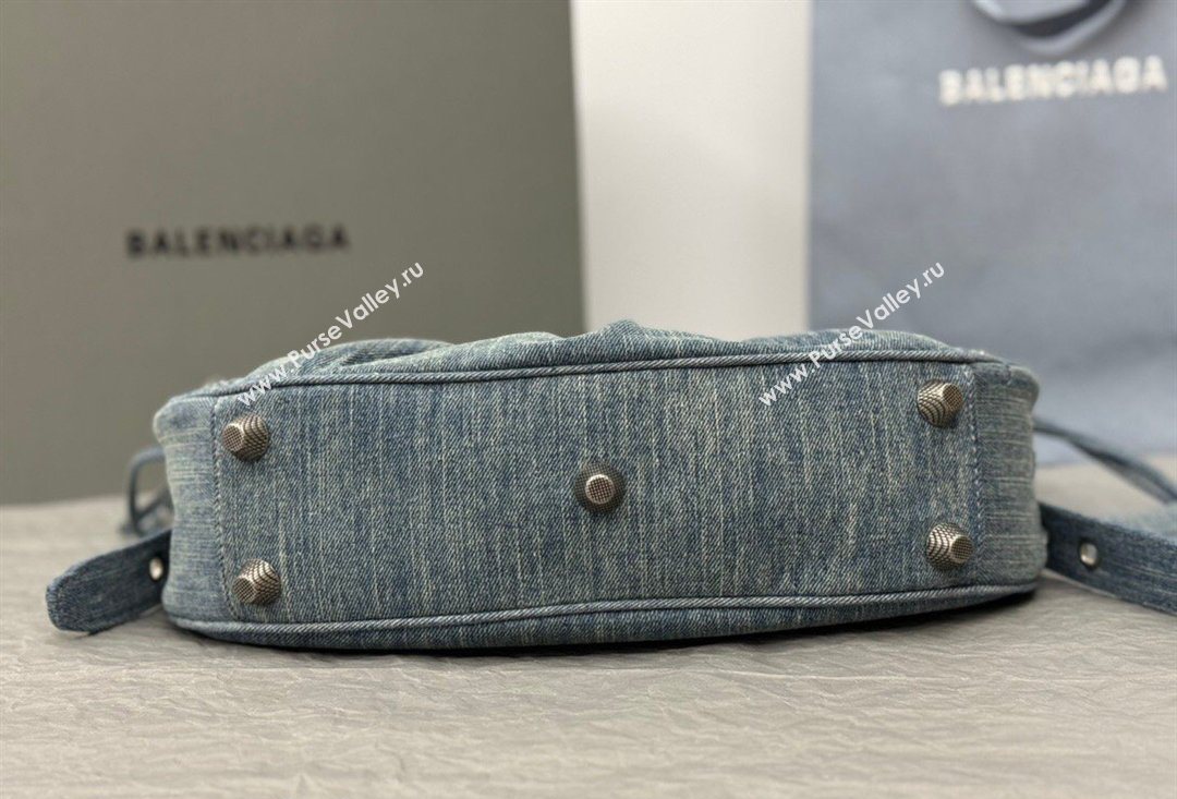 Balenciaga Le Cagole Shoulder Bag Small in blue washed and frayed denim, crystals hardware 2026 BL702 (JM-260403010)
