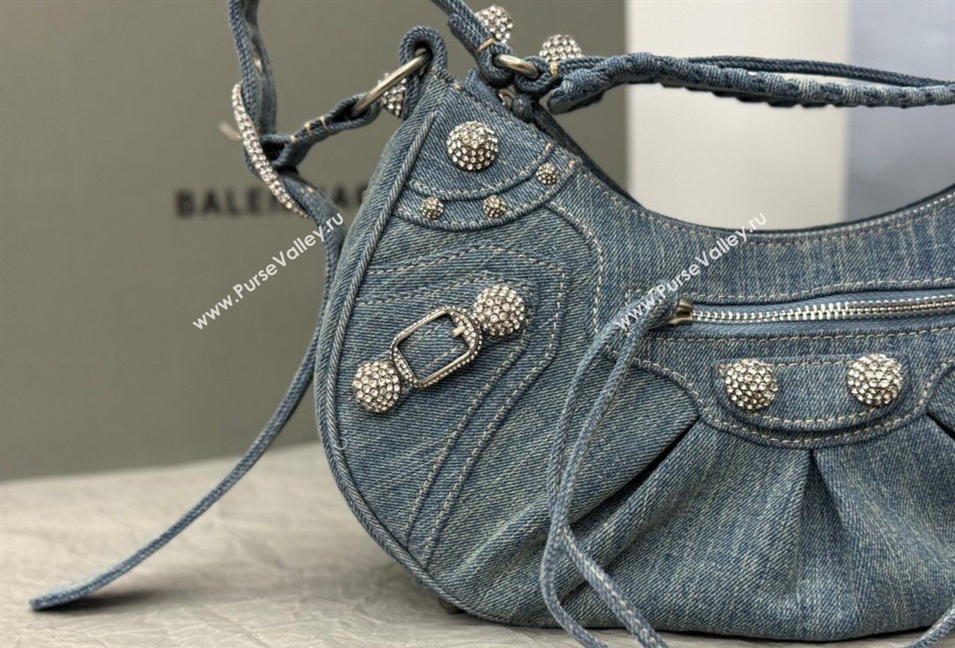 Balenciaga Le Cagole Shoulder Bag Small in blue washed and frayed denim, crystals hardware 2026 BL702 (JM-260403010)