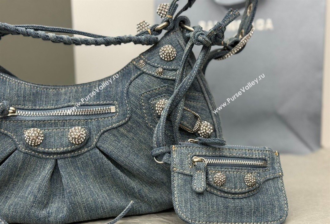 Balenciaga Le Cagole Shoulder Bag Small in blue washed and frayed denim, crystals hardware 2026 BL702 (JM-260403010)