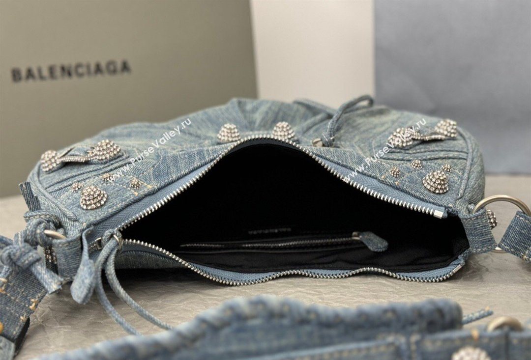 Balenciaga Le Cagole Shoulder Bag Small in blue washed and frayed denim, crystals hardware 2026 BL702 (JM-260403010)