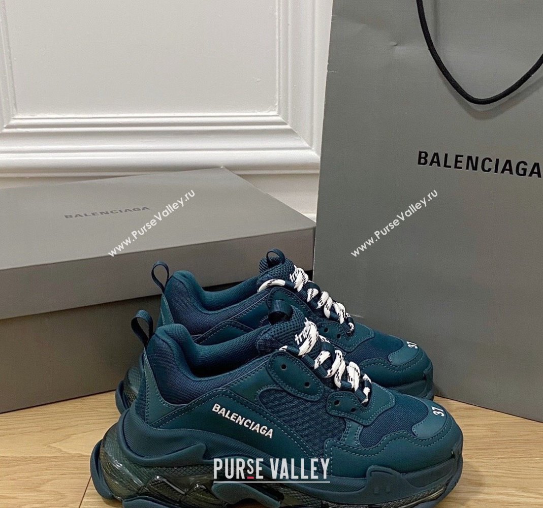 Balenciaga Triple S Clear Sole Trainers Sneakers in Leather and Mesh Dark Green 2024 (KL-240223008)