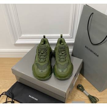 Balenciaga Triple S Clear Sole Trainers Sneakers in Leather and Mesh Army Green 2024 (KL-240223010)