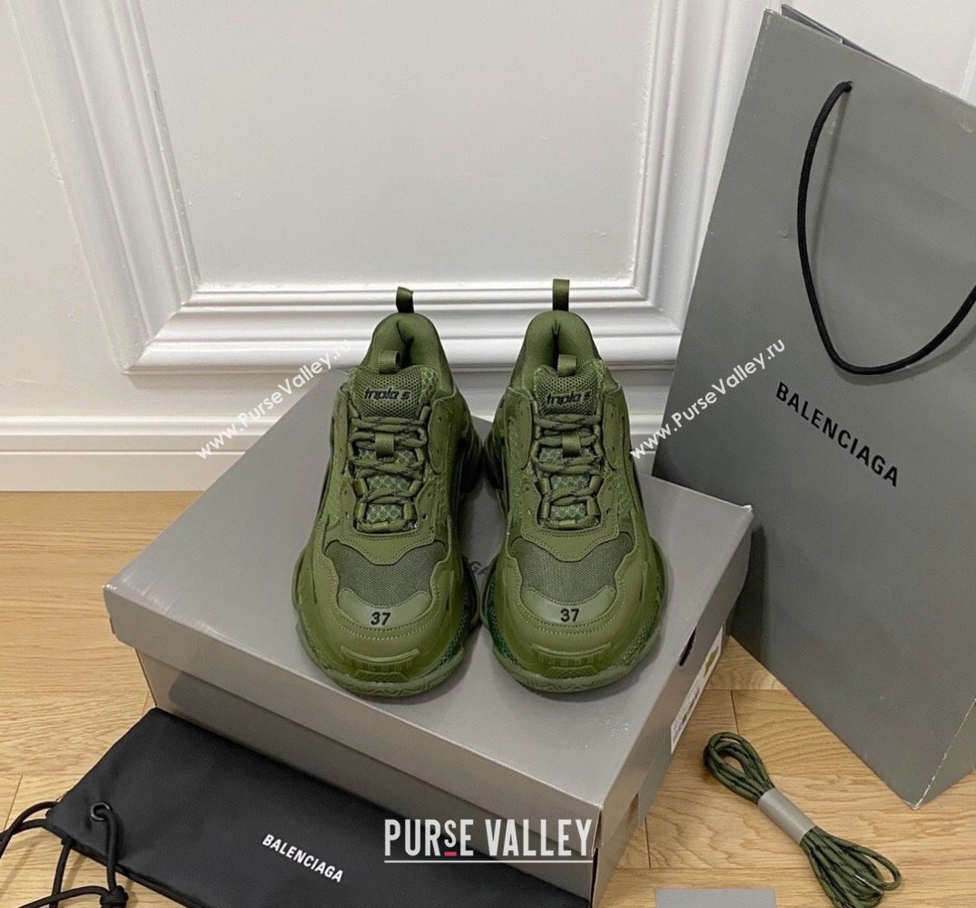 Balenciaga Triple S Clear Sole Trainers Sneakers in Leather and Mesh Army Green 2024 (KL-240223010)