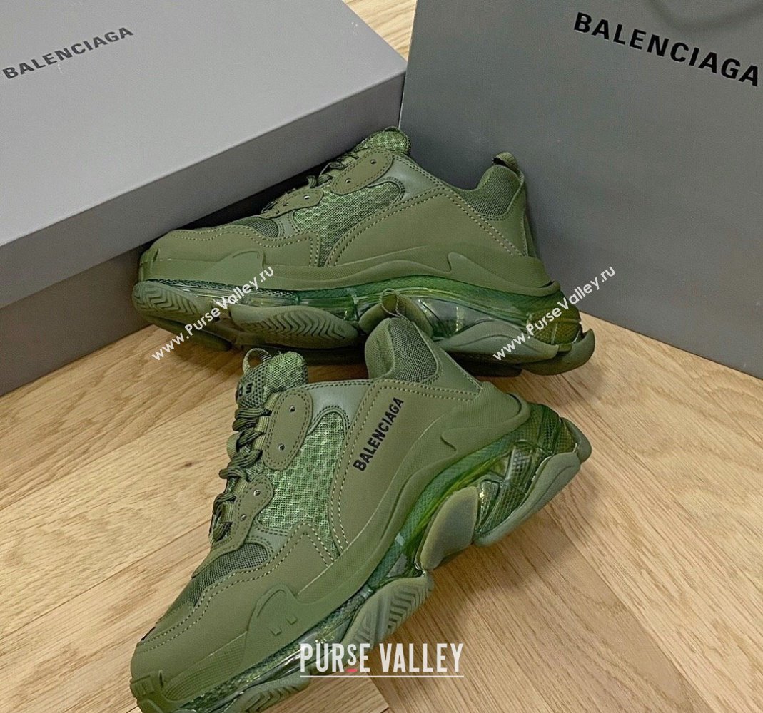 Balenciaga Triple S Clear Sole Trainers Sneakers in Leather and Mesh Army Green 2024 (KL-240223010)