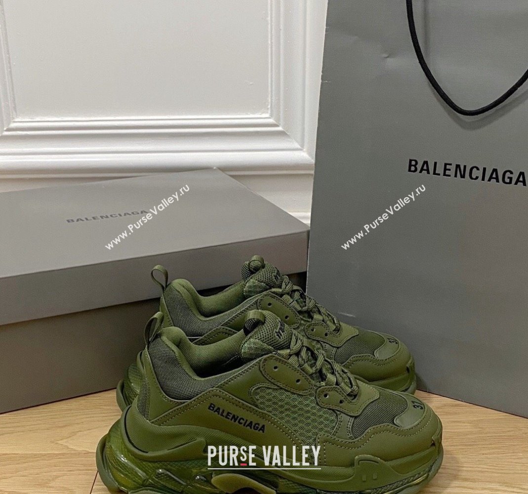 Balenciaga Triple S Clear Sole Trainers Sneakers in Leather and Mesh Army Green 2024 (KL-240223010)