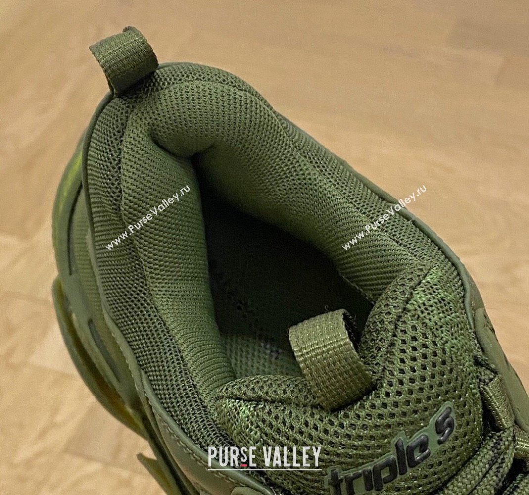 Balenciaga Triple S Clear Sole Trainers Sneakers in Leather and Mesh Army Green 2024 (KL-240223010)