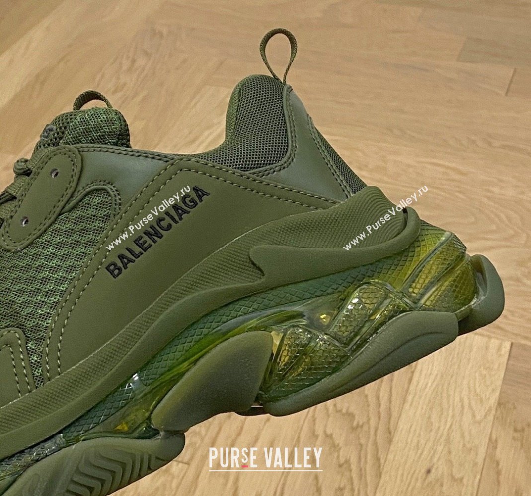 Balenciaga Triple S Clear Sole Trainers Sneakers in Leather and Mesh Army Green 2024 (KL-240223010)