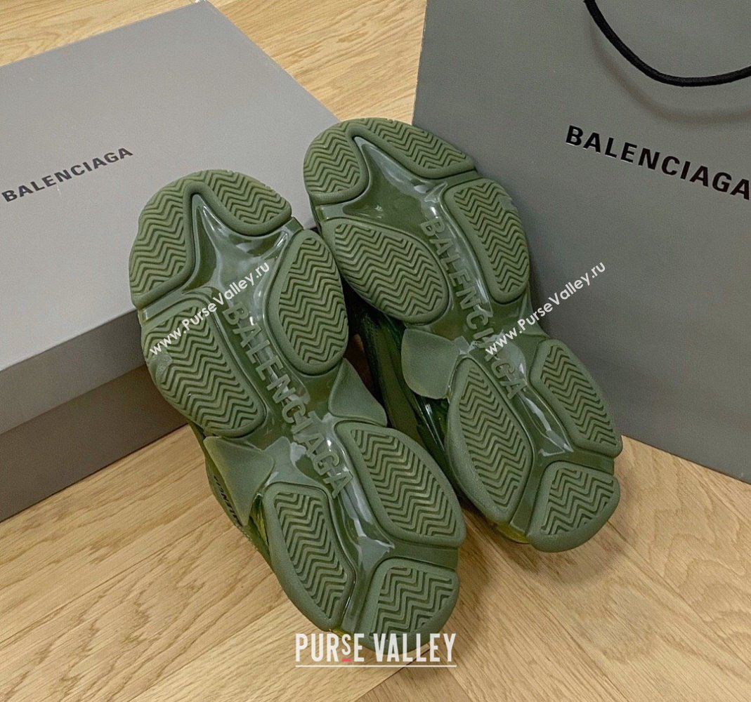 Balenciaga Triple S Clear Sole Trainers Sneakers in Leather and Mesh Army Green 2024 (KL-240223010)