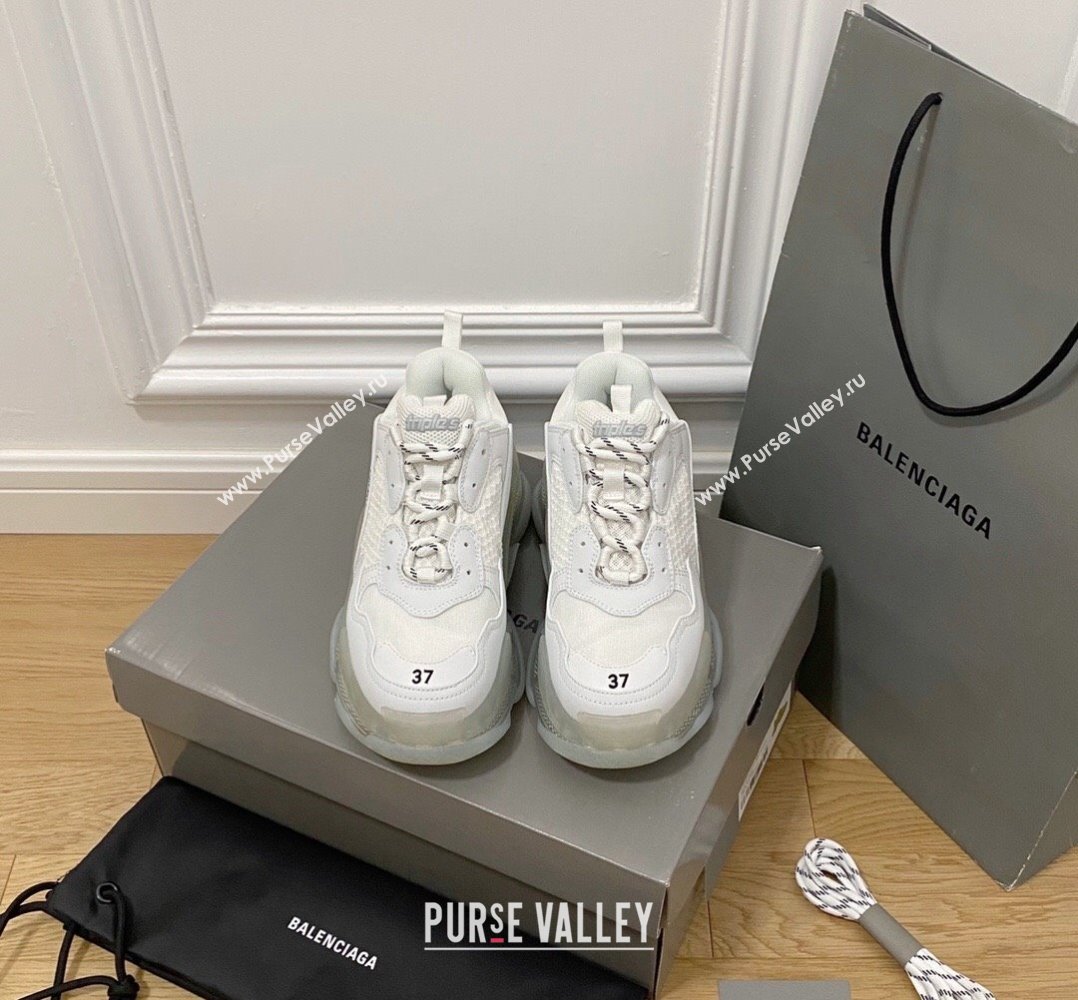 Balenciaga Triple S Clear Sole Trainers Sneakers in Leather and Mesh White /Silver 2024 (KL-240223012)