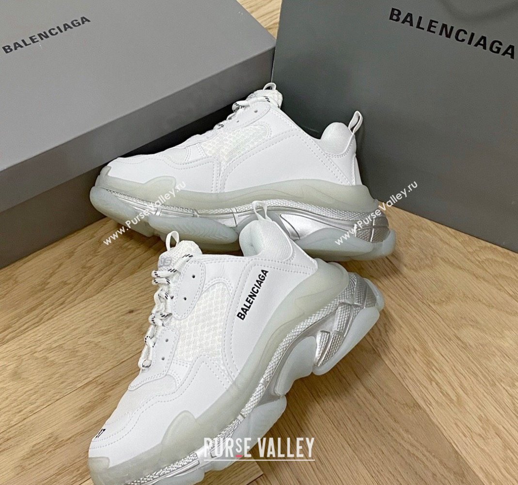 Balenciaga Triple S Clear Sole Trainers Sneakers in Leather and Mesh White /Silver 2024 (KL-240223012)