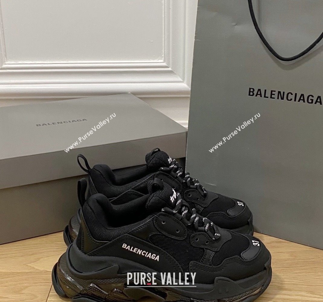 Balenciaga Triple S Clear Sole Trainers Sneakers in Leather and Mesh All Black 2024 (KL-240223016)