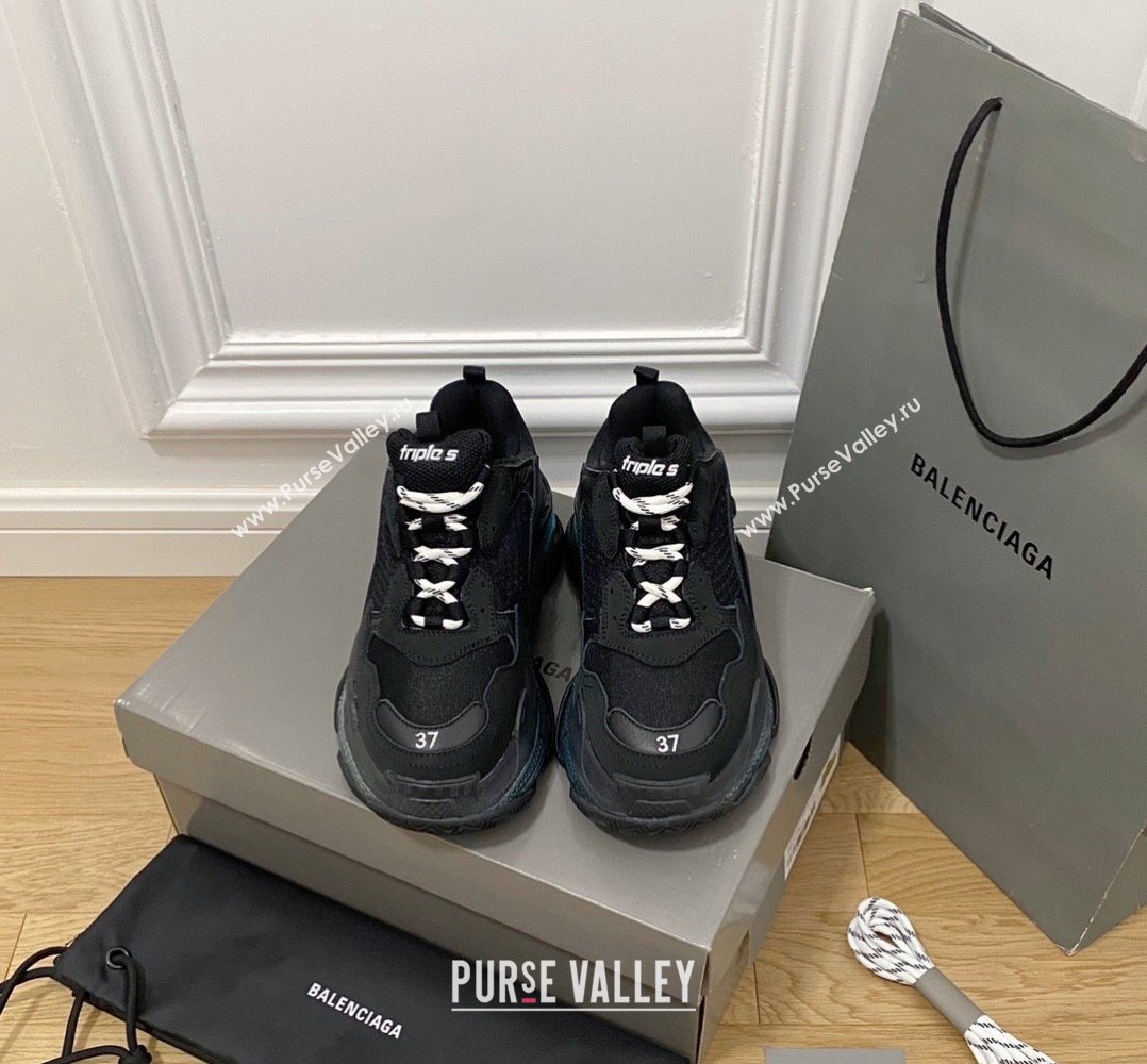 Balenciaga Triple S Clear Sole Trainers Sneakers in Leather and Mesh Black/Blue 2024 (KL-240223021)