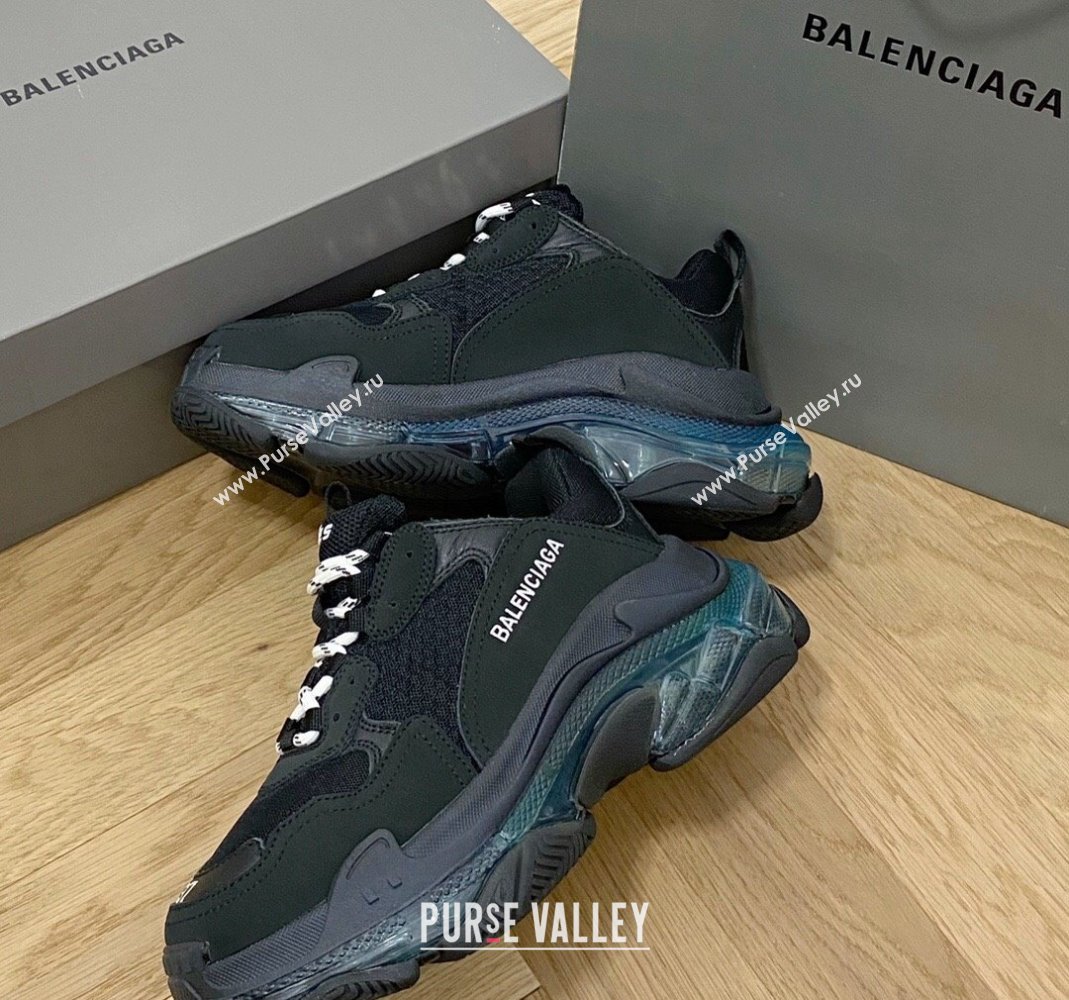 Balenciaga Triple S Clear Sole Trainers Sneakers in Leather and Mesh Black/Blue 2024 (KL-240223021)