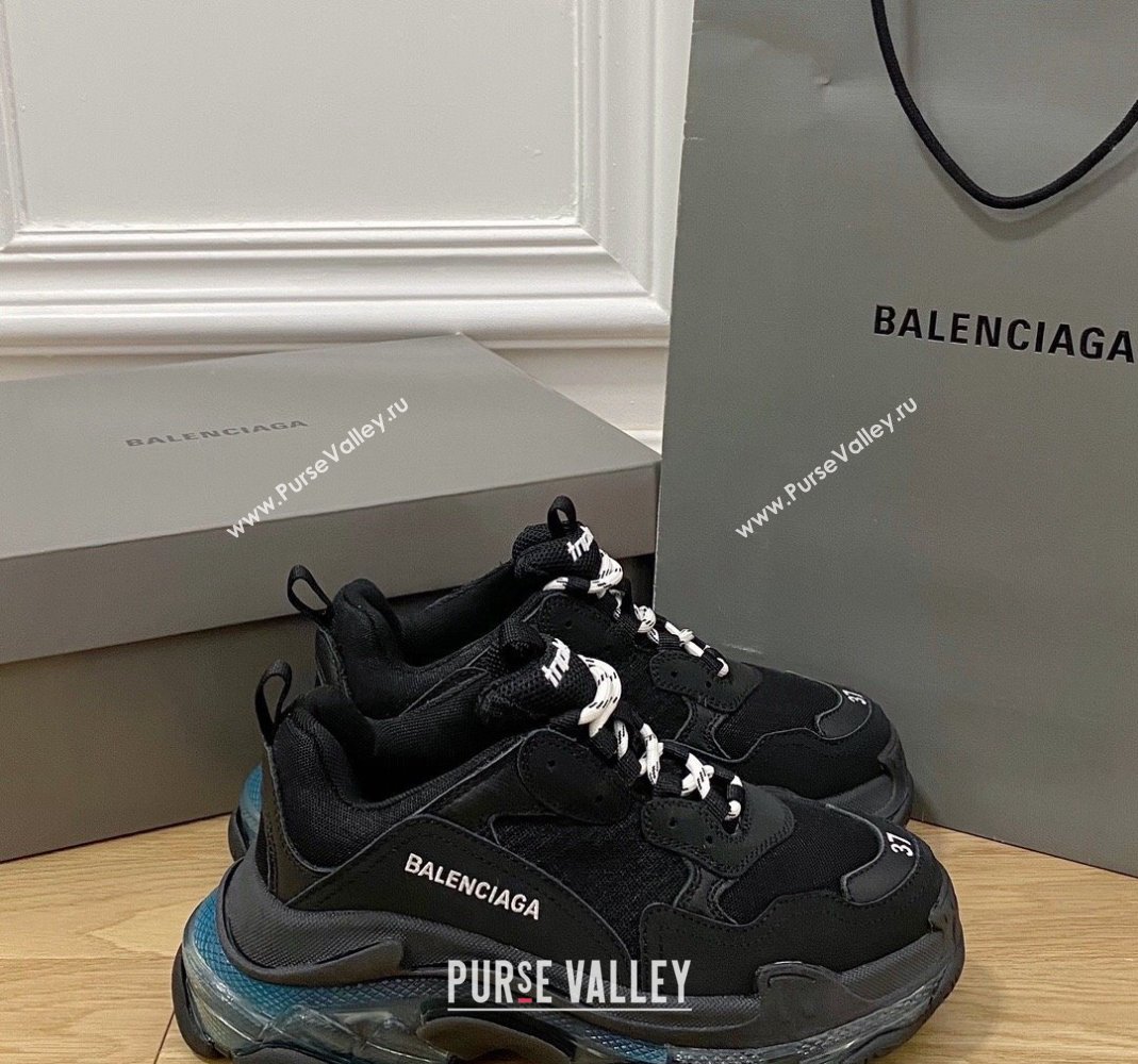 Balenciaga Triple S Clear Sole Trainers Sneakers in Leather and Mesh Black/Blue 2024 (KL-240223021)