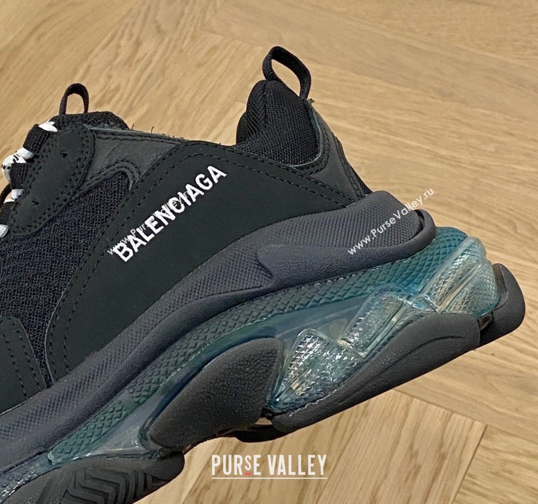 Balenciaga Triple S Clear Sole Trainers Sneakers in Leather and Mesh Black/Blue 2024 (KL-240223021)