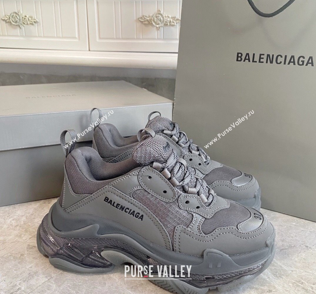 Balenciaga Triple S Clear Sole Trainers Sneakers in Leather and Mesh Dark Grey 2024 (KL-240223024)