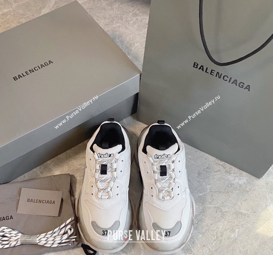 Balenciaga Triple S Clear Sole Trainers Sneakers in Leather and Mesh White/Grey 2024 (KL-240223028)