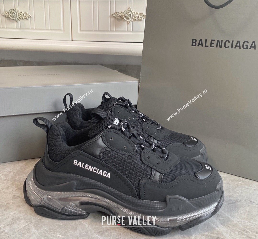 Balenciaga Triple S Clear Sole Trainers Sneakers in Suede and Mesh Black/Silver 2024 (KL-240223029)