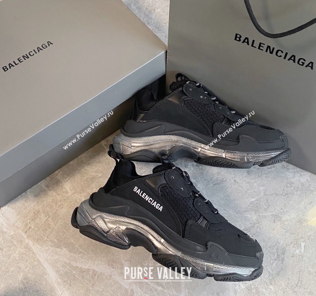 Balenciaga Triple S Clear Sole Trainers Sneakers in Suede and Mesh Black/Silver 2024 (KL-240223029)